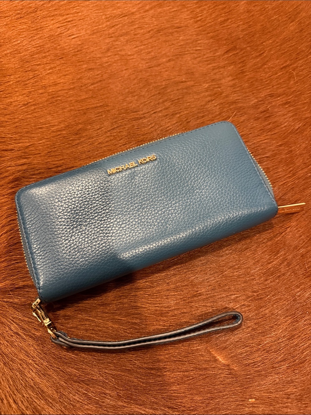 Michael Kors Blue Zip-Around Wristlet Wallet with Gold Hardware